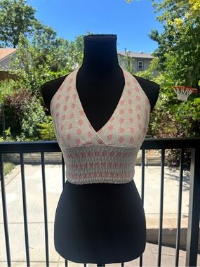 Halter Smocked Crop Top Pink and Blue Flower Print
